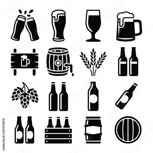 Sixteen Black and White Beer Icons Collection Featuring Beer Bottles Glasses Mugs Barrels Hops Wheat and More Depicting Brewing and Drinking Beer