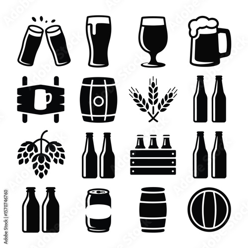 Sixteen Black and White Beer Icons Collection Featuring Beer Bottles Glasses Barrels Hops Wheat and Cans A Set of Simple Glyph Style Illustrations for Brewery Pub or Beer Related Designs