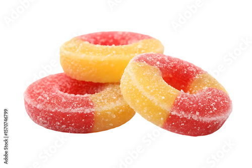 Peach ring gummy candy stack on transparent background