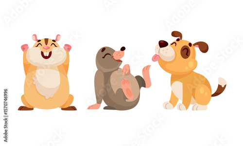 A collection of cute cartoon animals a joyful hamster, cheerful mole, and happy dog