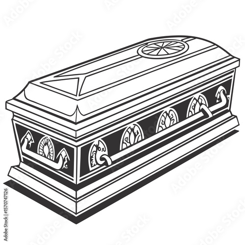 Ornate coffin with decorative carvings and circular emblem