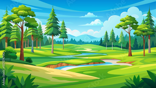A peaceful golf course scene featuring lush, perfectly trimmed greens and fairways, surrounded by tall trees and set under a bright, clear blue sky