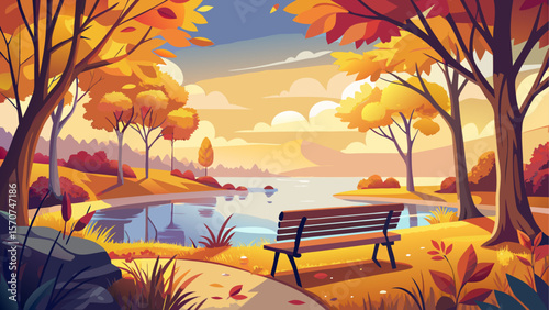 A serene autumn scene featuring a park bench overlooking a calm lake, surrounded by golden-yellow leaves. Mist gently rises over the water, creating a peaceful, dreamy atmosphere in the crisp fall air
