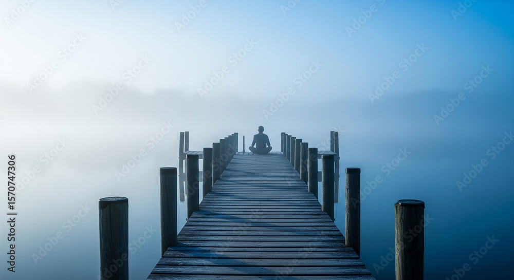 Fototapeta premium Serene scene of a person meditating on a wooden pier extending into misty water, creating a peaceful atmosphere and sense of calm.