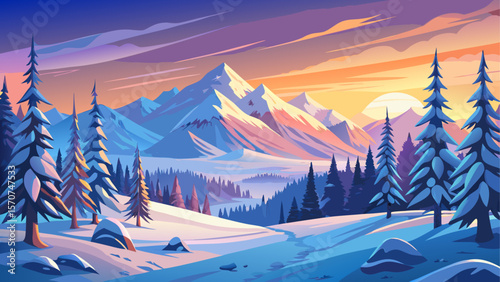 Vibrant winter panorama of the Carpathian Mountains, where snow-covered fir trees glisten in the soft glow of sunrise. A serene frosty morning scene filled with peaceful silence and natural beauty.