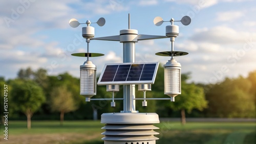 Meteorology Weather station with solar panels and sensors in a green outdoor setting.