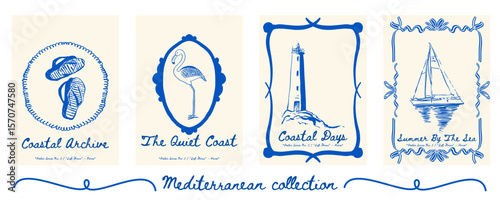 Poster set with flip-flops, flamingo, lighthouse, and boat - playful 4-poster summer decor set for beach lovers