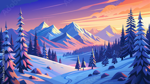 Vibrant winter panorama of the Carpathian Mountains, where snow-covered fir trees glisten in the soft glow of sunrise. A serene frosty morning scene filled with peaceful silence and natural beauty.