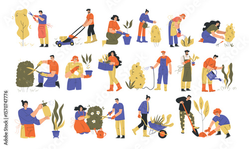 A group of diverse gardeners actively engaging in a variety of planting and gardening activities