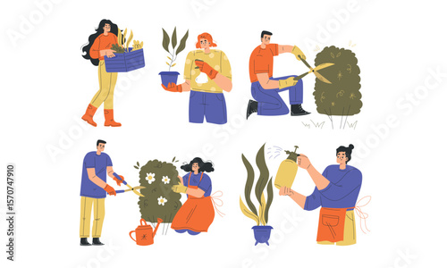 Individuals Participating in Various Gardening and Caring Activities Involving Plants and Nature