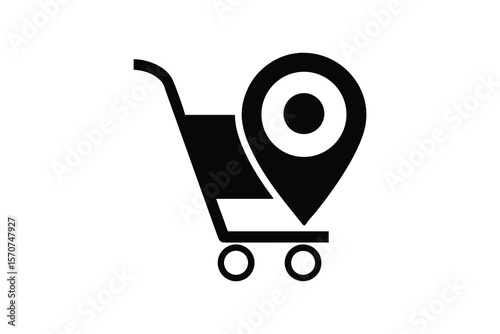 Modern minimalist black and white icon: shopping cart with location pin, symbolizing online shopping, delivery tracking, geolocation services, e-commerce, and global reach for businesses.
