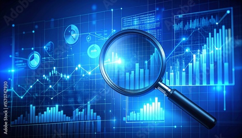 Market analysis and business strategy. Financial and statistical data dashboard.Analyst magnifying graphs and charts.