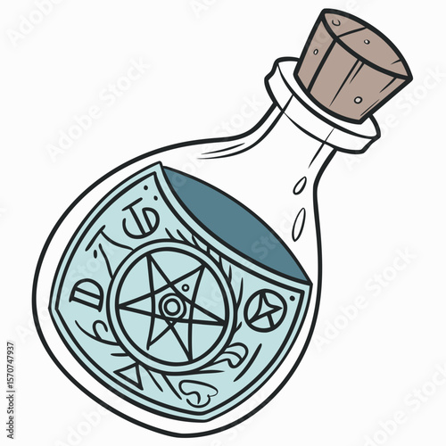 Potion bottle with pentagram and arcane symbols glass