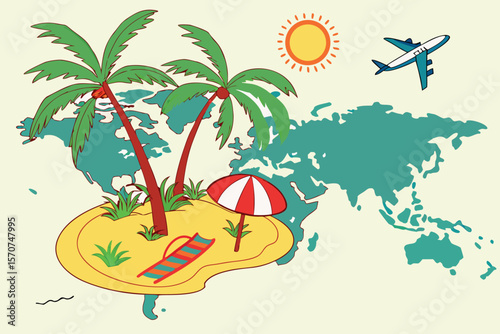  detailed world map, tropical island vacation, palm trees, surfboard, beach umbrella, sun, airplane, colorful, vibrant, digital art, 8k, photorealistic