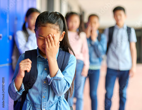 Girl crying in school hallway while others mock her in the background