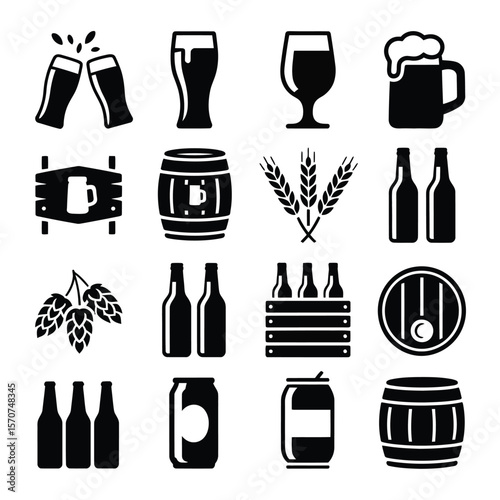 Sixteen Black and White Beer Icons Collection Featuring Beer Glasses Bottles Barrels Hops Wheat and Cans A Set of Simple Glyph Style Illustrations for Brewery Pub or Beer Related Designs