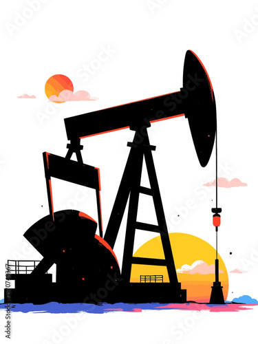 Black oil pumpjack silhouette on white background