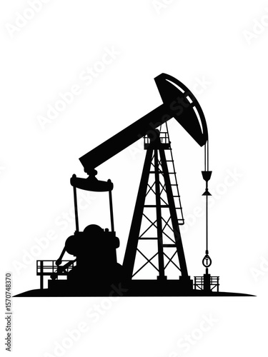 Black oil pumpjack silhouette on white background