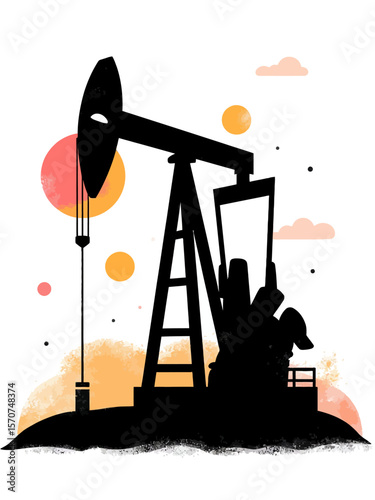 Black oil pumpjack silhouette on white background