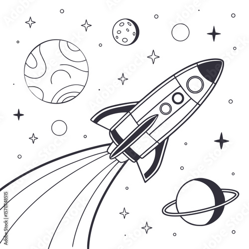 Rocket ship flying past planets and stars spaceship