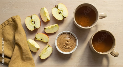 Flat lay of sliced apples with almond butter and tea