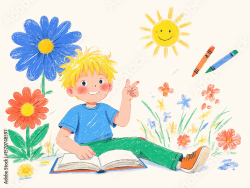 a childs completed reading activity artwork The artwork is on a simple, slightly textured paper