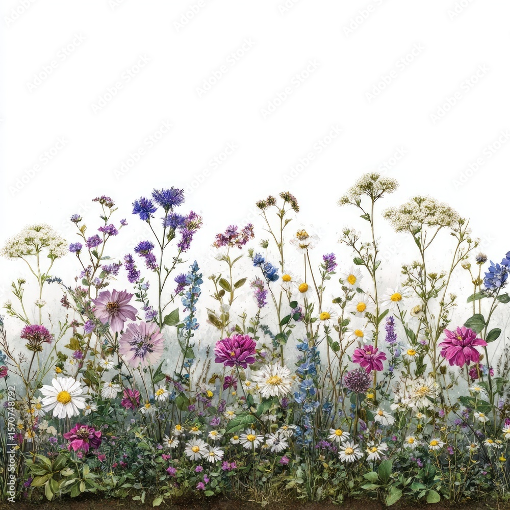 Obraz premium A vibrant horizontal arrangement of wildflowers in various shades of purple, pink, white, and yellow against a stark white backdrop. The flowers and foliage are depicted in exquisite detail