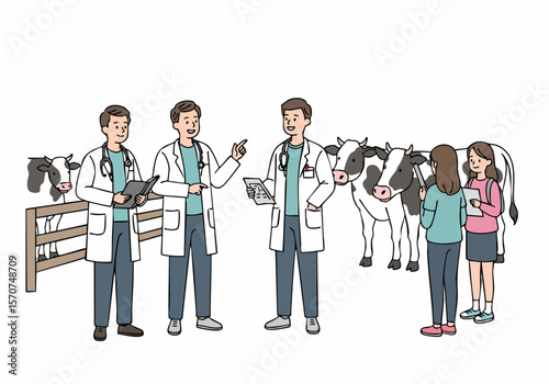 Veterinarians and agricultural experts discuss livestock health and care with students on a farm, featuring cows illustration.