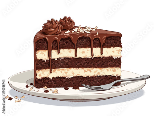 a multi-layered chocolate brownie cake filled with coconut and walnut cream, frosted with vanilla mascarpone buttercream
