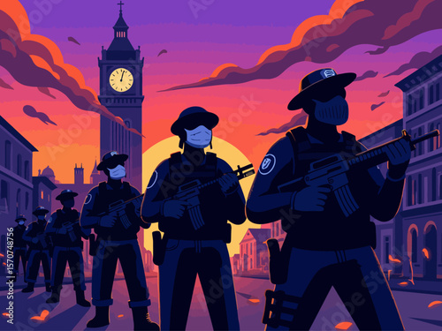  A team of heavily armed police officers advances through a war-torn city at dusk, with a prominent clock tower in the background