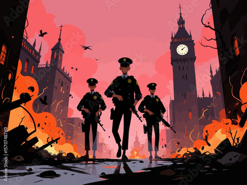  A team of heavily armed police officers advances through a war-torn city at dusk, with a prominent clock tower in the background