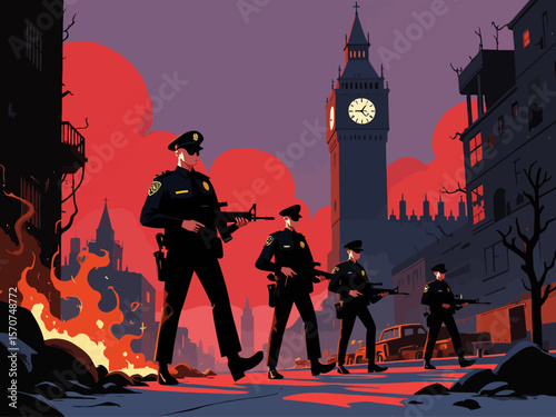 A team of heavily armed police officers advances through a war-torn city at dusk, with a prominent clock tower in the background