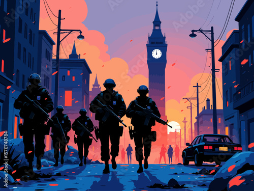  A team of heavily armed police officers advances through a war-torn city at dusk, with a prominent clock tower in the background