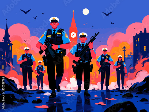  A team of heavily armed police officers advances through a war-torn city at dusk, with a prominent clock tower in the background