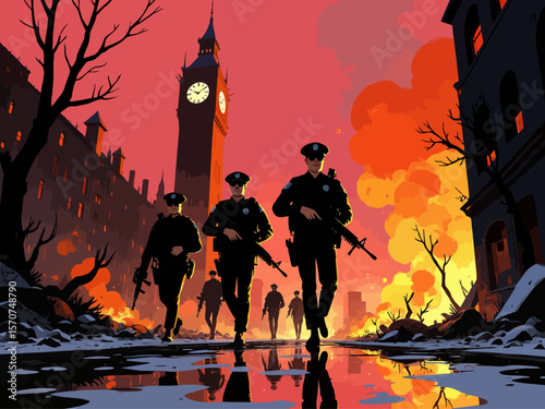 A team of heavily armed police officers advances through a war-torn city at dusk, with a prominent clock tower in the background