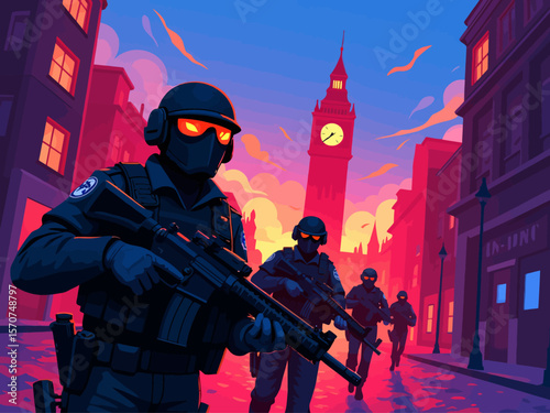  A team of heavily armed police officers advances through a war-torn city at dusk, with a prominent clock tower in the background