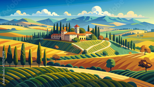 Idyllic Tuscan countryside with rolling hills, golden fields, and iconic rows of cypress trees under a soft blue sky. A classic Italian rural scene that captures the timeless beauty