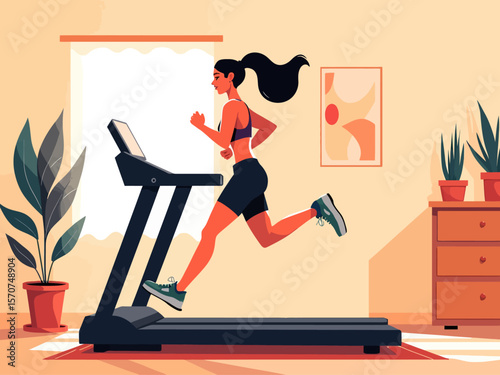a woman running on a treadmill at home, promoting a healthy lifestyle and indoor fitness for wellness