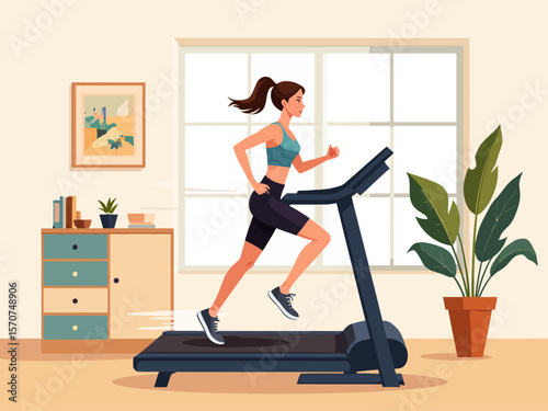 a woman running on a treadmill at home, promoting a healthy lifestyle and indoor fitness for wellness