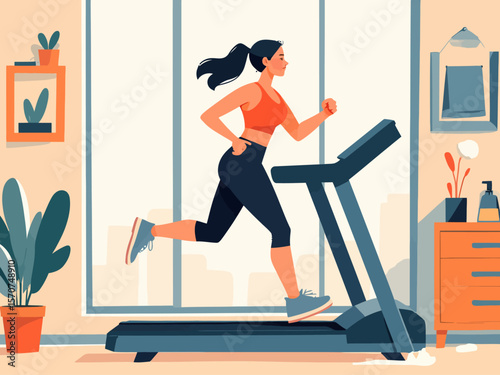 a woman running on a treadmill at home, promoting a healthy lifestyle and indoor fitness for wellness
