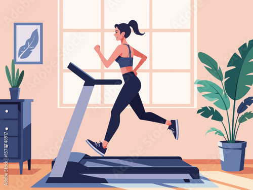 a woman running on a treadmill at home, promoting a healthy lifestyle and indoor fitness for wellness