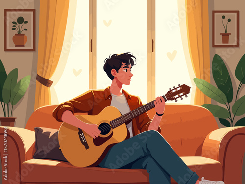  a young man comfortably playing an acoustic guitar on a sofa in a sunlit living room, highlighting hobbies and relaxation