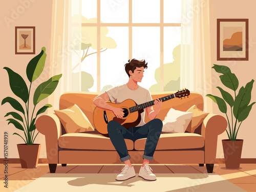  a young man comfortably playing an acoustic guitar on a sofa in a sunlit living room, highlighting hobbies and relaxation
