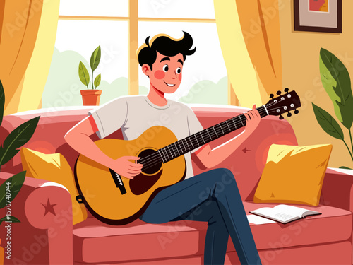  a young man comfortably playing an acoustic guitar on a sofa in a sunlit living room, highlighting hobbies and relaxation