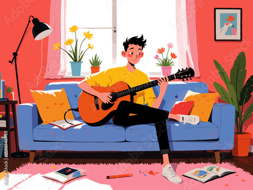  a young man comfortably playing an acoustic guitar on a sofa in a sunlit living room, highlighting hobbies and relaxation