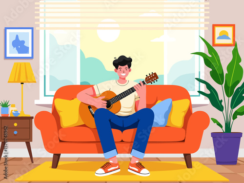  a young man comfortably playing an acoustic guitar on a sofa in a sunlit living room, highlighting hobbies and relaxation