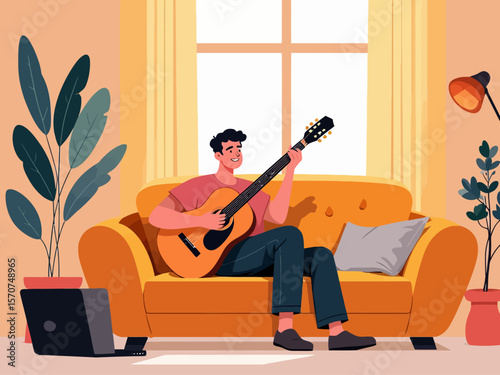  a young man comfortably playing an acoustic guitar on a sofa in a sunlit living room, highlighting hobbies and relaxation