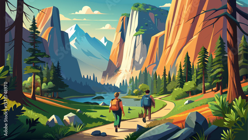 Adventurous hikers walking along a scenic trail in Yosemite National Park, USA, surrounded by towering granite cliffs, lush pine forests, and breathtaking natural beauty