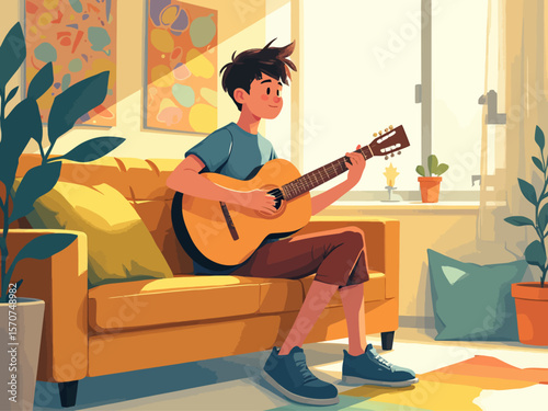 a young man comfortably playing an acoustic guitar on a sofa in a sunlit living room, highlighting hobbies and relaxation