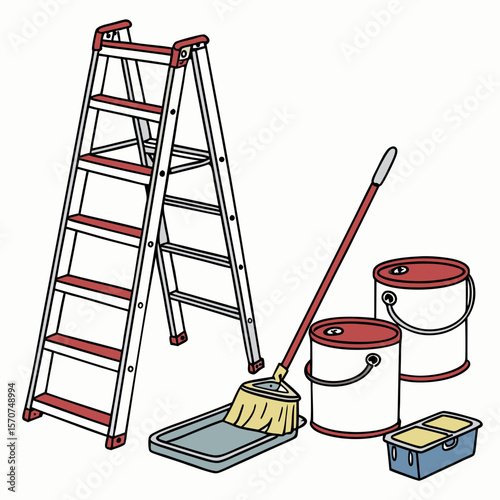 Silver ladder red paint cans yellow brush stepladder